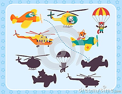 Color visual puzzle page for preschool kids. Find the correct shadow game. Matching. Transport for children Vector Illustration