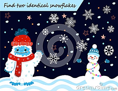 Color visual puzzle page for preschool kids. Find identical images game. Cute cartoon snow yeti, snowflakes and winter holidays Vector Illustration