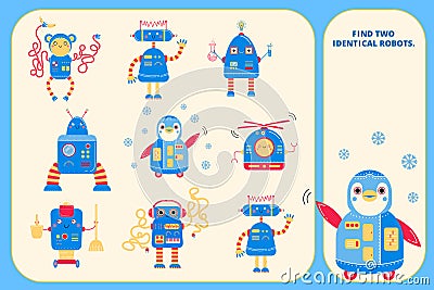 Color visual puzzle page for preschool kids. Find identical images game. Robots for children Vector Illustration