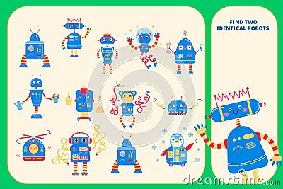 Color visual puzzle page for preschool kids. Find identical images game. Robots for children Vector Illustration