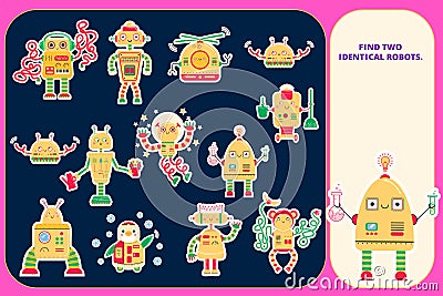 Color visual puzzle page for preschool kids. Find identical images game. Robots for children Vector Illustration