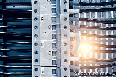 Color wires in a box of distribution of an electricity, PLC Control panel with wiring, lectric control panel enclosure for power a Stock Photo