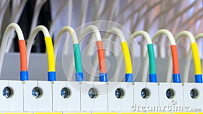 Color wires in a box of distribution of an electricity, PLC Control panel with wiring, lectric control panel enclosure for power a Stock Photo