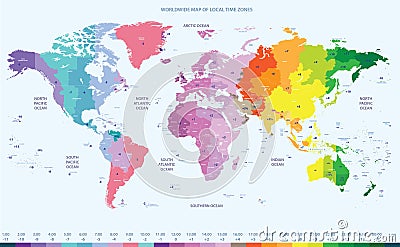 Color worldwide map of local time zones Vector Illustration