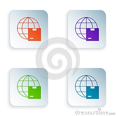 Color Worldwide shipping and cardboard box icon isolated on white background. Set colorful icons in square buttons Vector Illustration