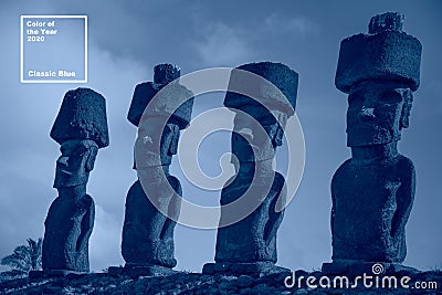 Color of the year Classic Blue. Easter Island moai background Editorial Stock Photo