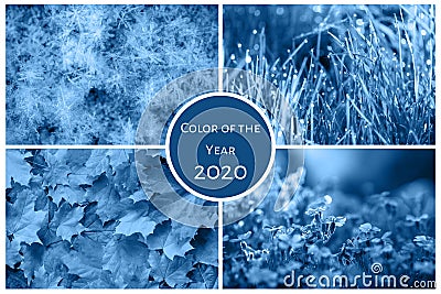 Color of the year 2020 classic blue. Four seasons collage: Winter, Spring, Summer, Autumn Editorial Stock Photo