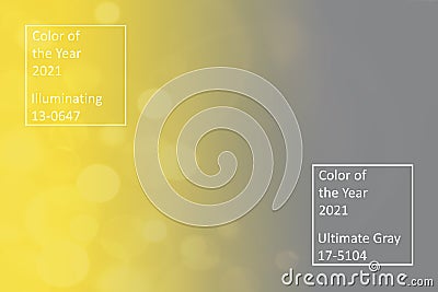 Color of the Year 2021 17-5104 Ultimate Gray and 13-0647 Illuminating trend colours palette sample swatch book guide. Editorial Stock Photo