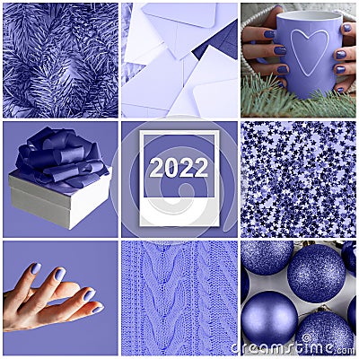 Color of the Year 2022 Very Peri, Christmas square collage of nine trendy purple shade backgrounds Stock Photo