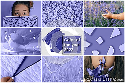 Color of the Year 2022, Very Peri. Collage of nine trendy purple shade backgrounds Stock Photo