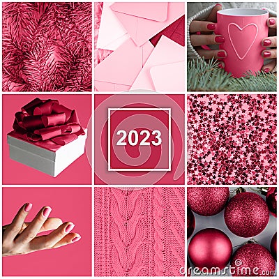 Color of the Year 2023 Viva Magenta, Christmas square collage of nine trendy carmine shade backgrounds Stock Photo