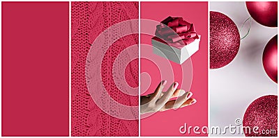 Color of the Year 2023 Viva Magenta. Collage palette on Christmas themes of three trendy carmine shade backgrounds Stock Photo