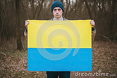 color yellow blue issue political Russia Ukraine crisis war idendity national flag ukrainain sign holds man Young Stock Photo