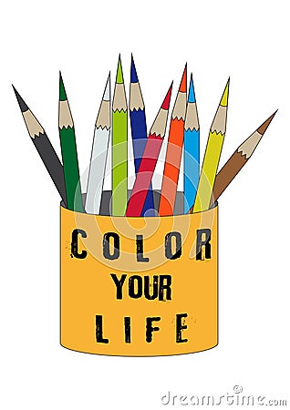 Color you life orange tin with group of color pencils isolated on white background Vector Illustration