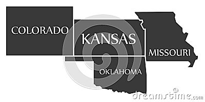 Colorado - Kansas - Oklahoma - Missouri Map labelled black Cartoon Illustration