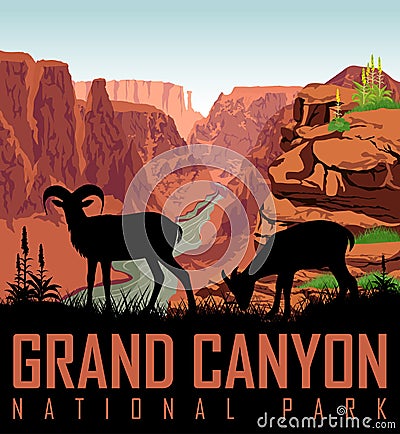 Colorado river in Grand Canyon National Park with bighorn sheeps Vector Illustration