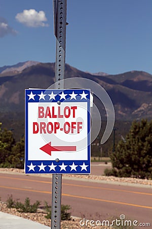 Colorado Springs, CO, USA - June 24, 2020: Ballot Box for Colorado State Primary Election - All Mail-In Voting - Pikes Peak in the Editorial Stock Photo