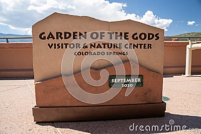 Colorado Springs, Colorado - September 14, 2020: Sign for Garden of the Gods vistor center, a landscape of beautiful red rock Editorial Stock Photo