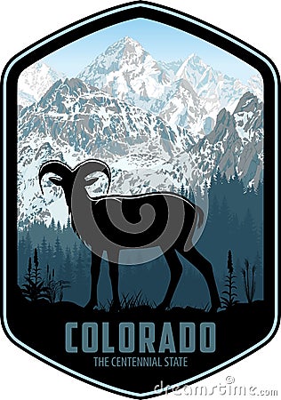 Colorado vector label with bighorn sheep and mountains forest Vector Illustration