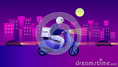 Night food delivery service by scooter with courier. Man courier riding scooter with parcel box fast delivery concept. Vector Illustration