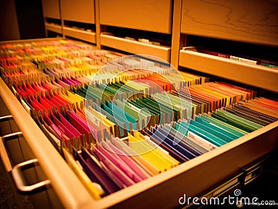 Colorcoded file folders in filing cabinet drawer Stock Photo