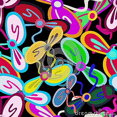 Colored abstract flowers on a black background graffiti seamless pattern Vector Illustration