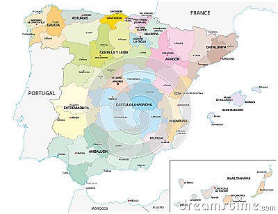 Colored administrative and political vector map of the Spanish provinces and regions Vector Illustration