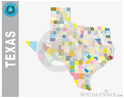 Colored administrative and political vector map of us federal state texas with seal Vector Illustration