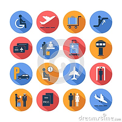 Colored airport icons set Vector Illustration
