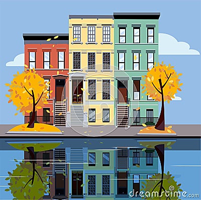 Colored apartment buildings on lake. Facades of buildings are reflected in mirror surface of water. Flat cartoon vector Vector Illustration