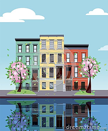 Colored apartment buildings on lake. Facades of buildings are reflected in mirror surface of water. Flat cartoon vector Cartoon Illustration