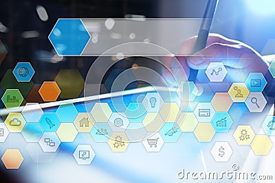 Colored applications icons and graphs on virtual screen. Business concept. Stock Photo