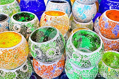 Colored arab glass vases for candles and fruit. Lamps and lanterns for candles Editorial Stock Photo