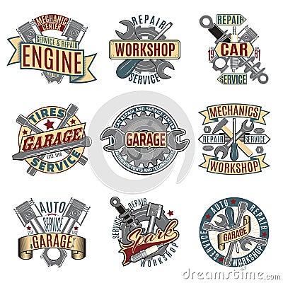Colored Auto Repair Service Logotypes Set Vector Illustration