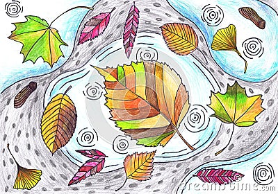 Colored autumn leaves lie on puddles. Children `s drawing, mixed technique Stock Photo