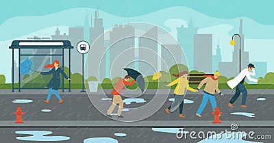 Colored Bad Weather Seasons People Flat Composition Vector Illustration