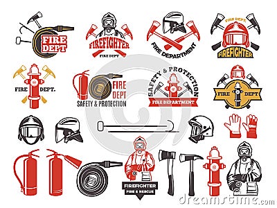 Colored badges for firefighter department. Symbols set of emergency protection isolated on white Vector Illustration