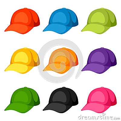 Colored baseball caps templates. Set of promotional and advertising clothes Vector Illustration