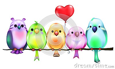 Colored birds sitting on branch with red heart balloon Vector Illustration