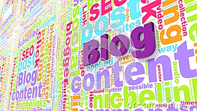 Colored blog keywords wordcloud on wall blogging concept Cartoon Illustration