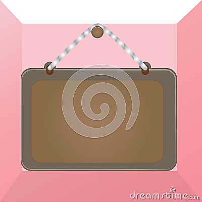 Colored board fixed on surface by a nail with darker frame and thick striped string. Rectangle shaped structure. Empty Vector Illustration