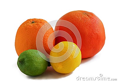 Colored bright whole citrus fruits on a white background Stock Photo