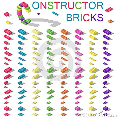 Colored building blocks of plastic constructor isometric set Vector Illustration