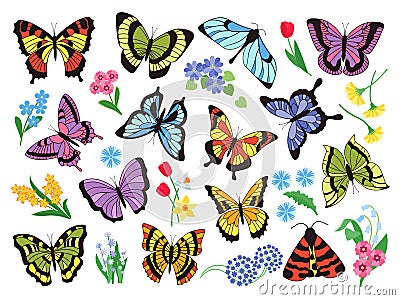 Colored butterflies. Hand drawn simple collection of butterflies and flowers isolated on white background. Vector Vector Illustration