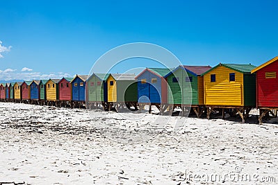 The colored cabins in Muizenberg beach near Cape Town, South africa, known for its wooden houses painted in vibrant colors Stock Photo