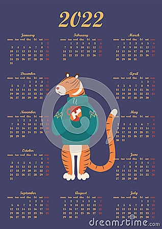 Colored calendar for 2022 with a cute smiling tiger in a sweater and a cup of hot drink Vector Illustration