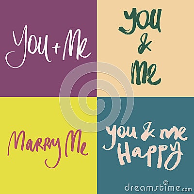 Colored calligraphy inscriptions on the theme of Valentine`s Day. Can be used in gift wrapping and greeting cards. Vector Illustration