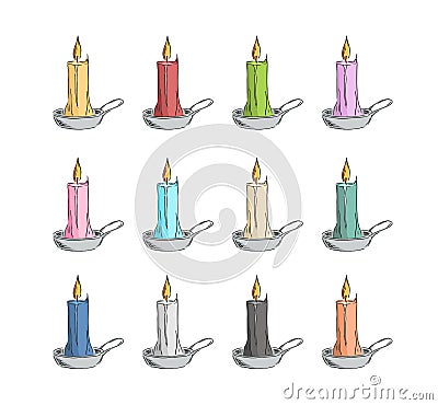 Colored candles in silver candlesticks Vector Illustration