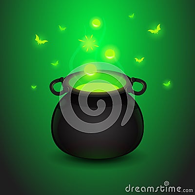 Cartoon illustration magic potion with the boiler on a dark green background Cartoon Illustration