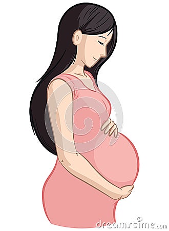 Pregnant Woman Touching Belly Side View Vector Illustration